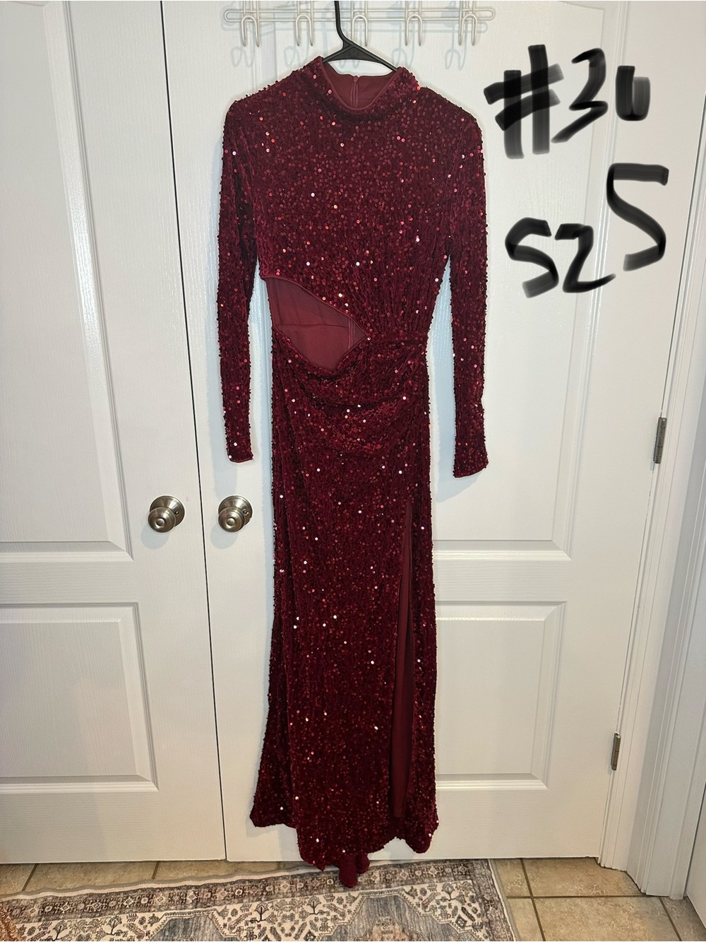 Sequin Cutout Long Sleeve Evening Gown - Burgundy